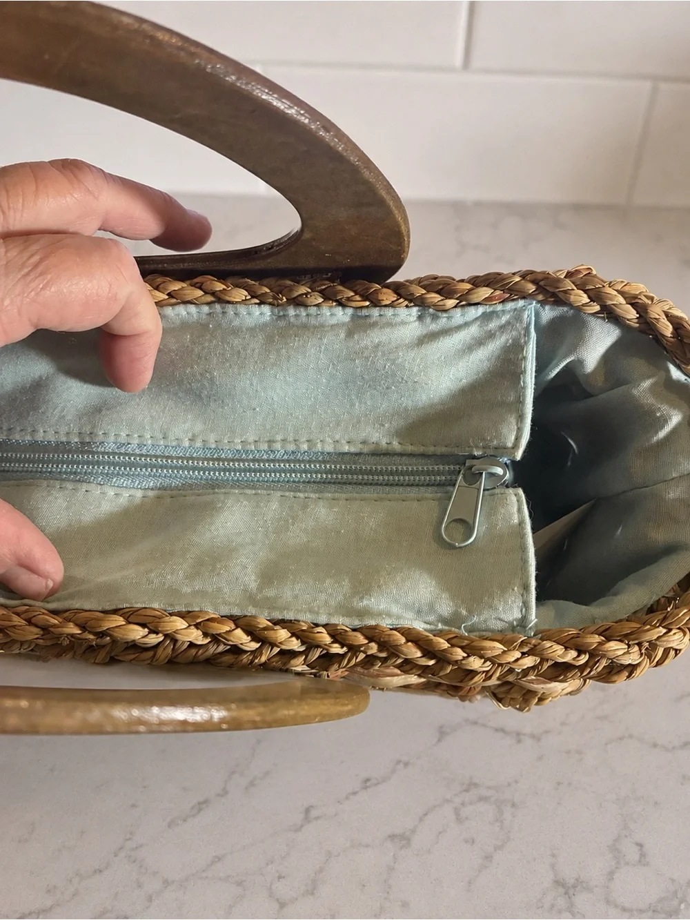 Woven Natural Fiber Handbag Wood Handles Boho Coastal Purse